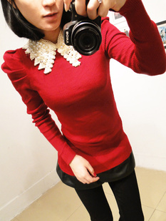 2013 spring and summer beading crochet doll turn-down collar puff sleeve knitted top