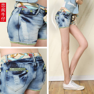 2013 spring and summer denim shorts female distrressed loose female shorts denim