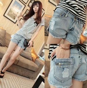 2013 spring and summer denim shorts female distrressed loose female shorts placketing jeans