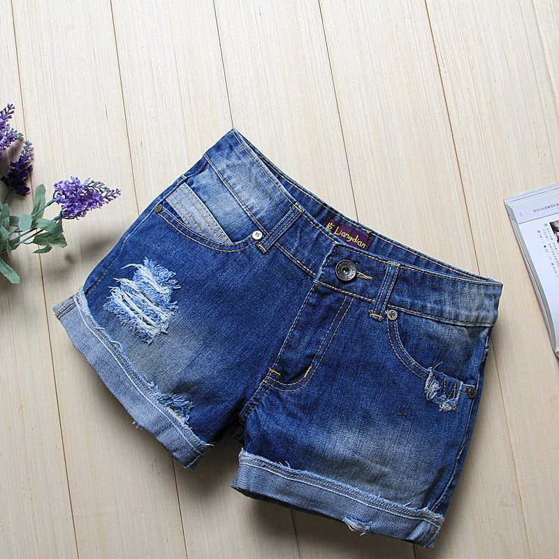 2013 spring and summer denim shorts female distrressed loose female shorts roll-up hem denim