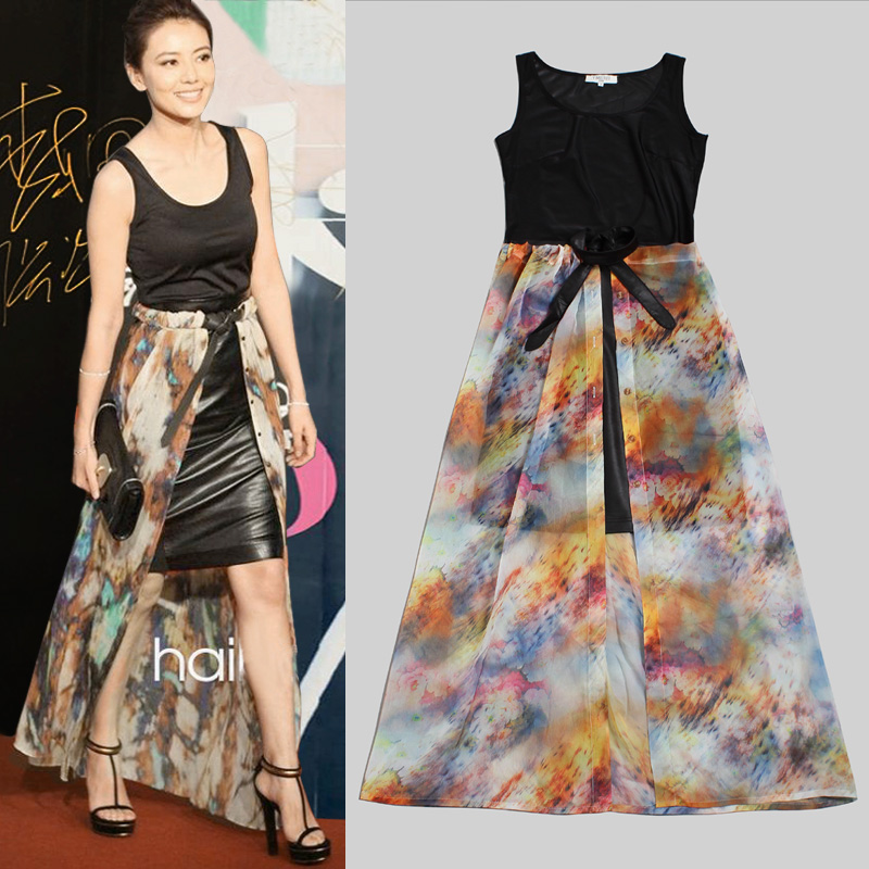 2013 spring and summer fashion black faux leather patchwork silk print one-piece dress