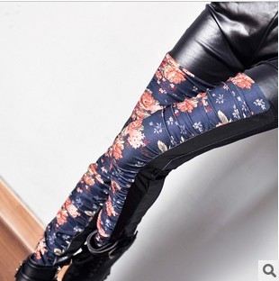 2013 spring and summer fashion female showy all-match vintage flower print faux leather patchwork ankle length trousers legging