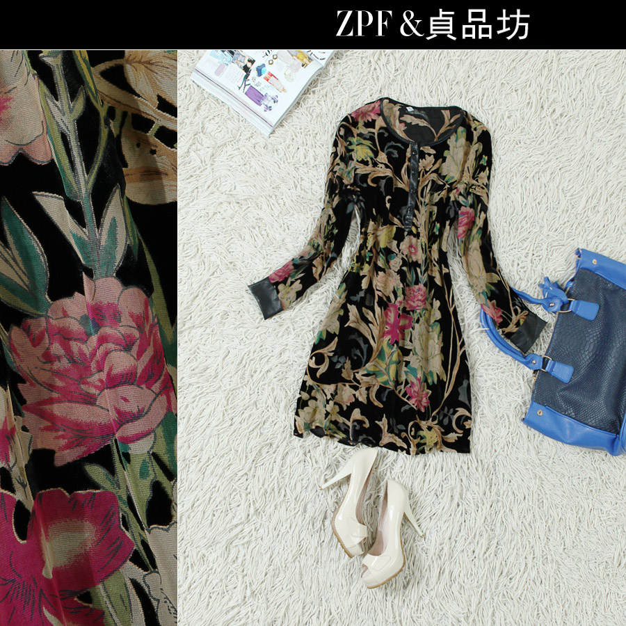 2013 spring and summer fashion genuine leather bag flock printing flower straight female one-piece dress qq925