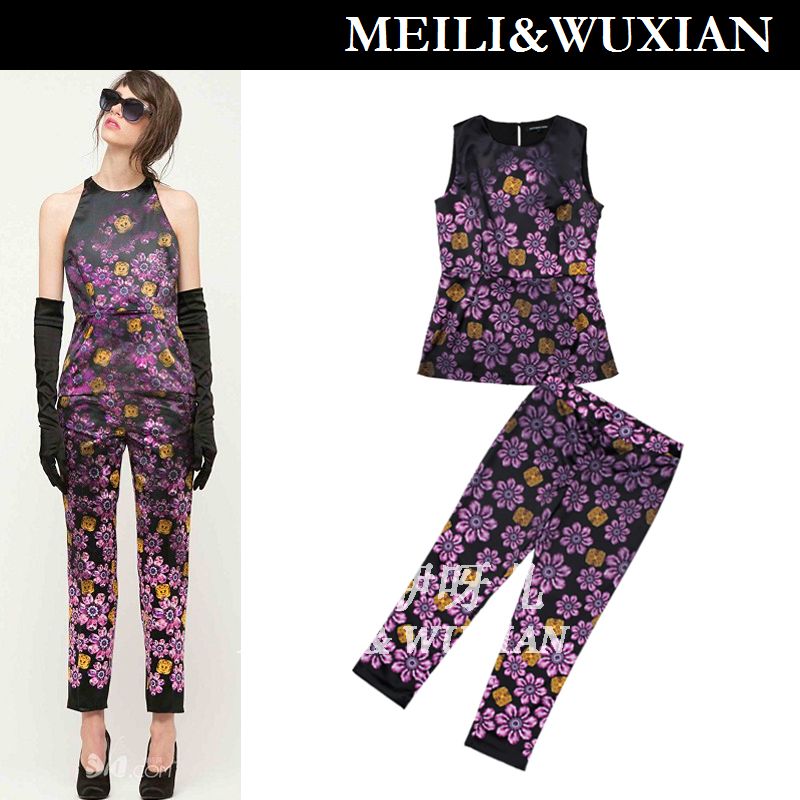 2013 spring and summer fashion high quality women's silk satin print twinset t-shirt pants