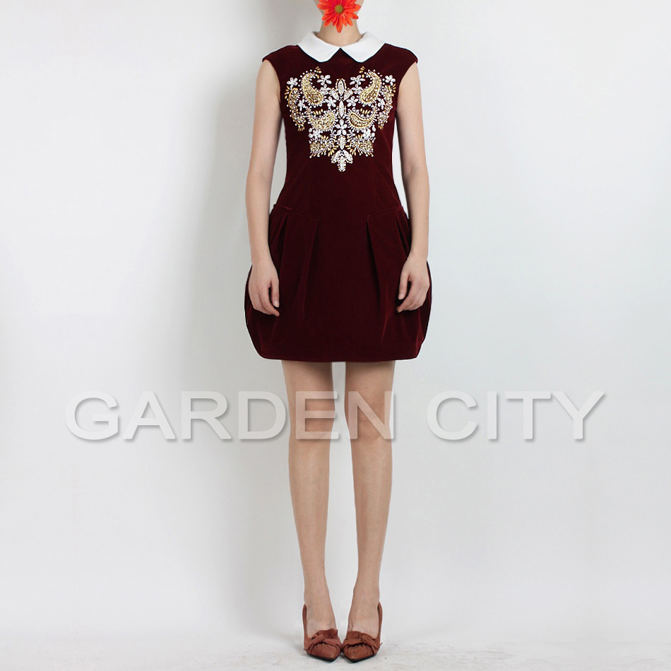 2013 spring and summer fashion vintage baroque rhinestone embroidery embroidered peter pan velvet dress lantern one-piece dress