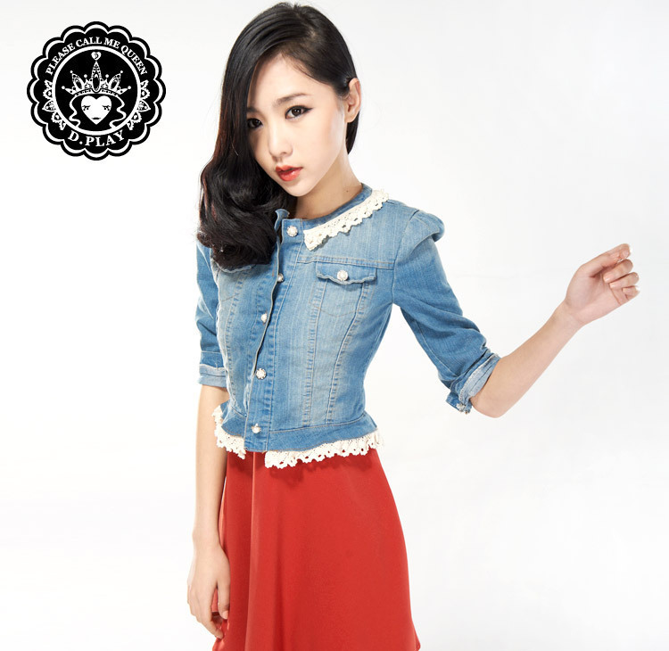 2013 spring and summer fashion women's lace decoration vintage slim denim short jacket three quarter sleeve