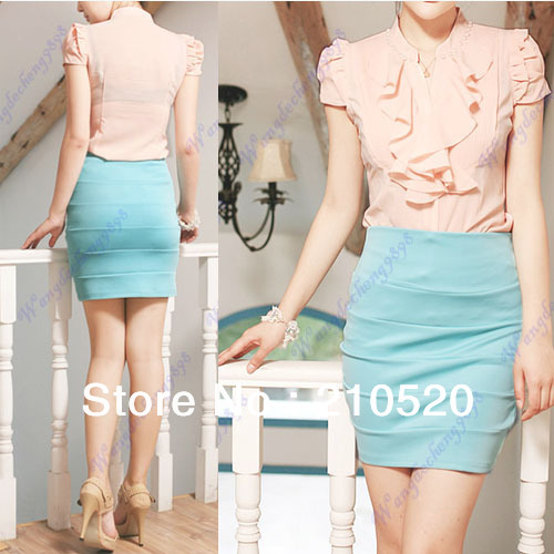 2013 Spring and Summer Fashion Women's Ruffle Pearl Inlaid Stand-Collar Shirt Puff Short Sleeve Slim Fit Blouse