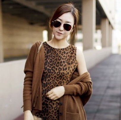 2013 spring and summer formal female sexy leopard print faux leather velvet sleeveless slim one-piece dress basic skirt