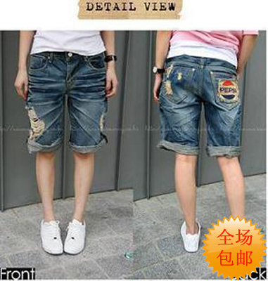 2013 spring and summer hole jeans capris knee-length pants casual pants denim shorts For wome