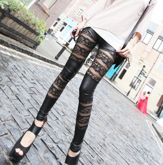 2013 spring and summer hot-selling women's sexy rose lace patchwork leather cutout legging pants casual