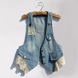 2013 spring and summer lace decoration 100% cotton vest sleeveless short jacket female denim vest retro finishing water wash