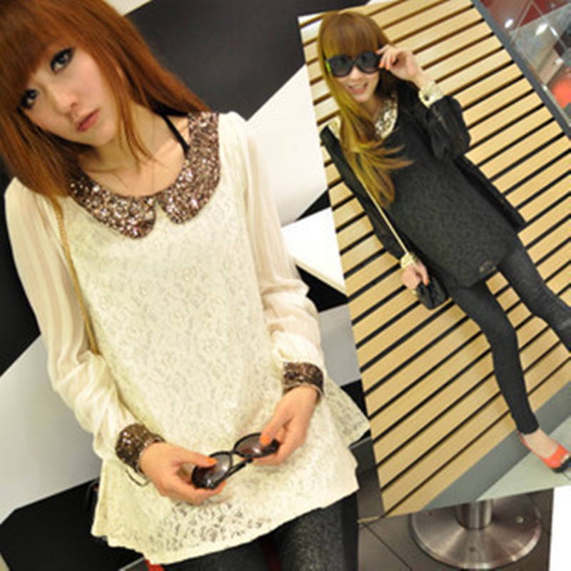 2013 spring and summer lace women's top gold turn-down collar t-shirt basic shirt female