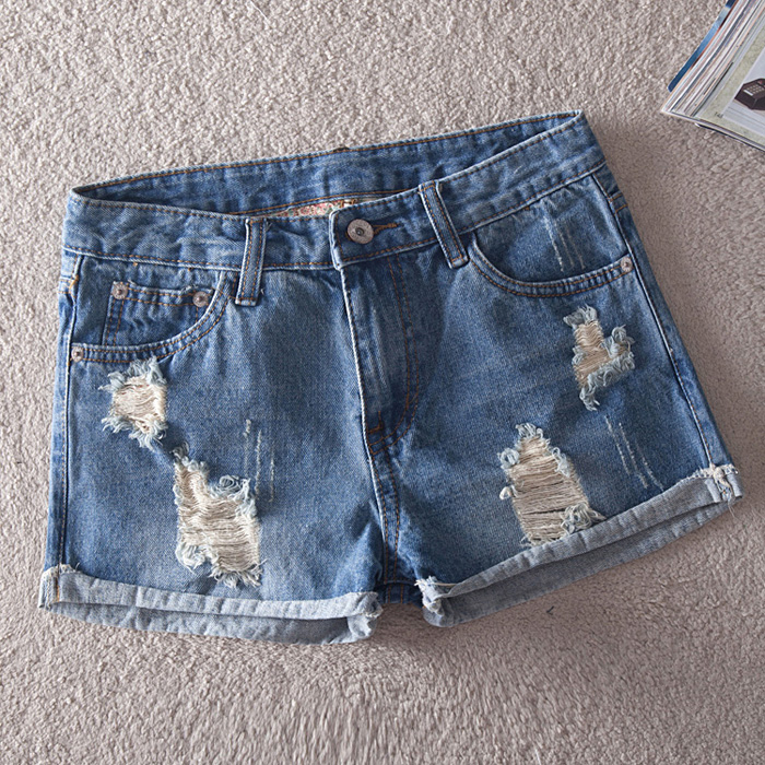 2013 spring and summer light color loose roll-up hem women's hole denim shorts female women's shorts