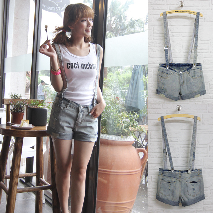 2013 spring and summer light color water wash distrressed pleated denim suspenders disassembly jumpsuit shorts