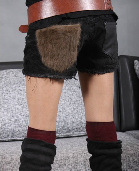 2013 spring and summer loose hole mm fur black denim shorts boots pants jeans