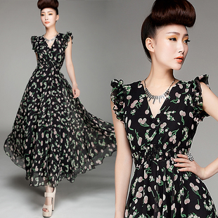 2013 spring and summer mid-calf cherry fruit skirt  Print slim waist double layer ruffled pleated sleeve chiffon one-piece dress