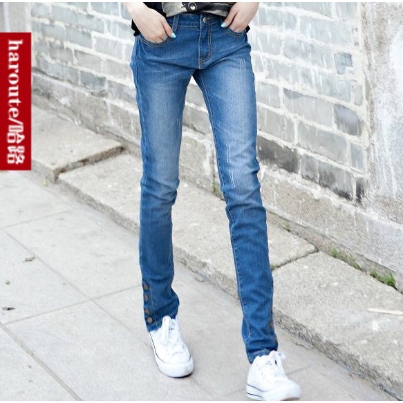 2013 spring and summer new arrival breasted tight skinny pants pencil pants jeans female casual long trousers free shipping