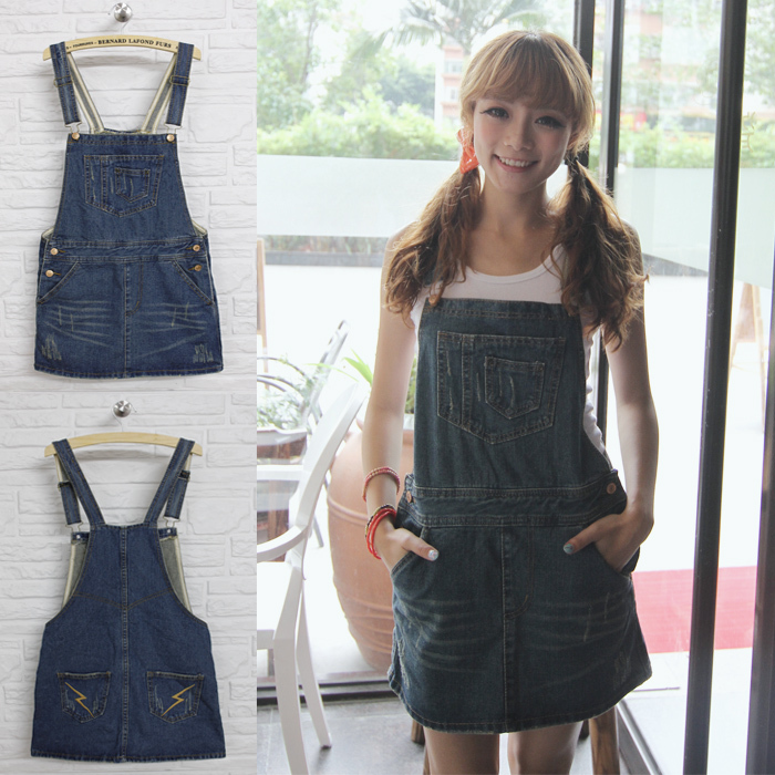 2013 spring and summer new arrival handmade leather double pocket casual denim skirt suspenders one-piece dress denim skirt