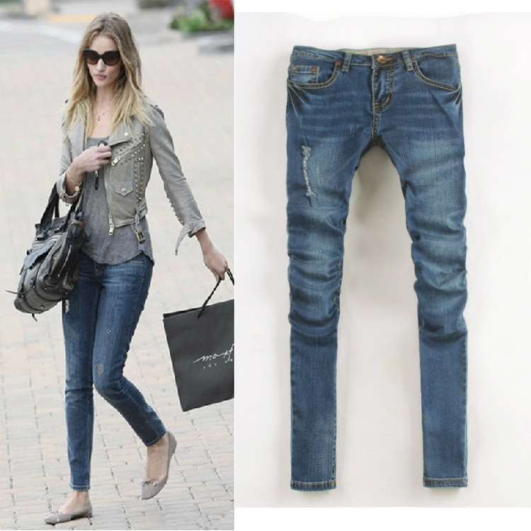 2013 spring and summer new arrival hole jeans female skinny pants pencil pants female trousers denim