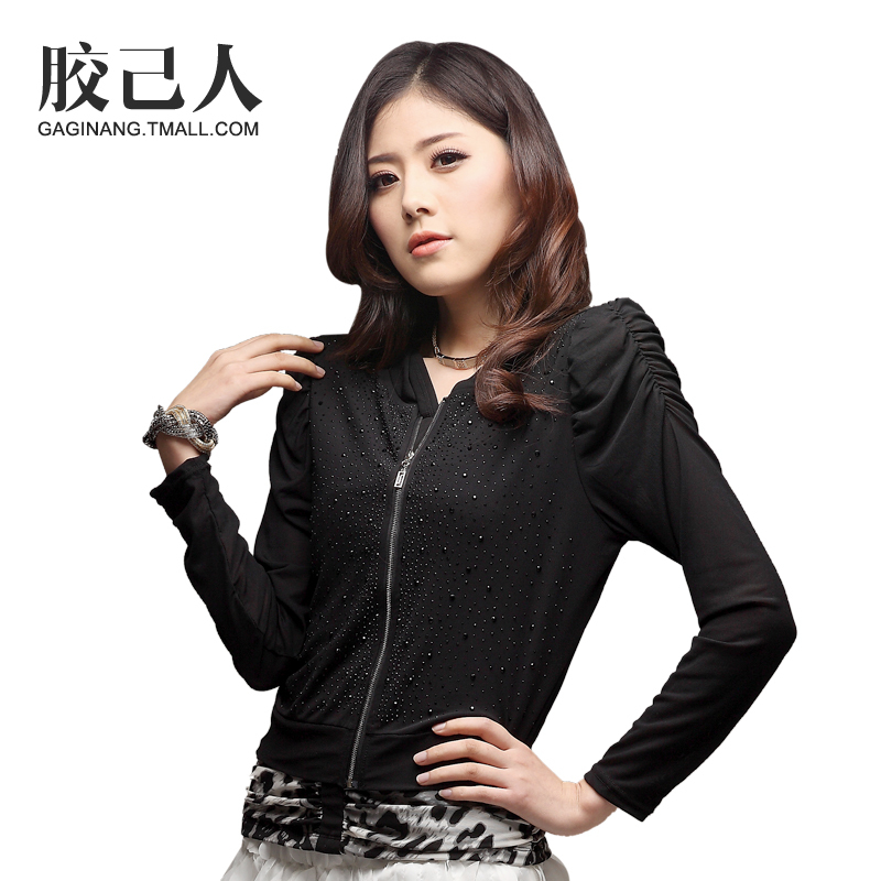 2013 spring and summer new arrival ol women's coat short design rhinestones gauze slim puff sleeve top long-sleeve female