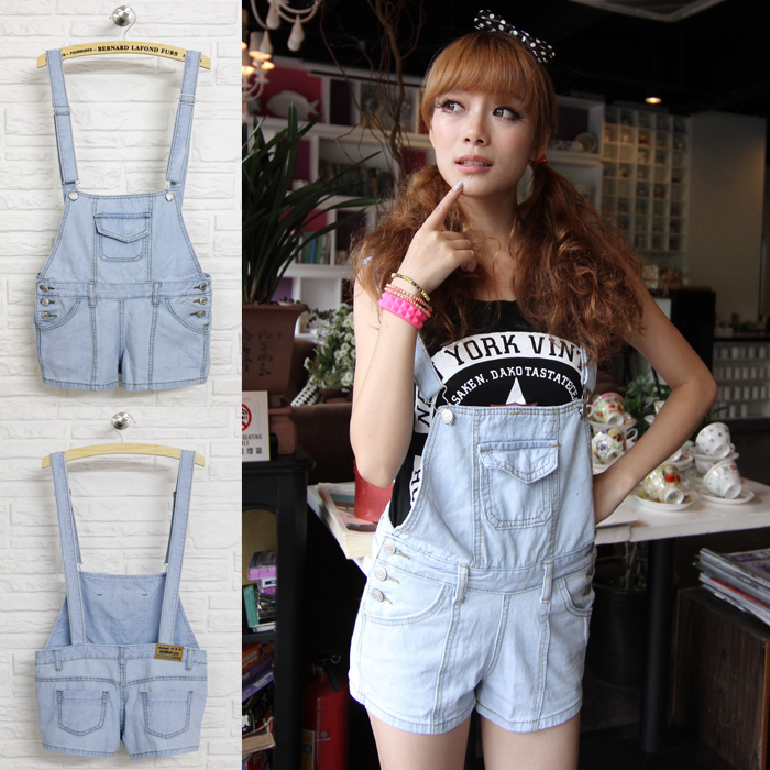 2013 spring and summer new arrival preppy style light blue multi-pocket denim bib pants jumpsuit shorts