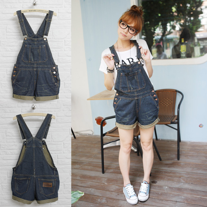 2013 spring and summer new arrival preppy style retro finishing distrressed pleated multi-pocket roll up hem suspenders denim