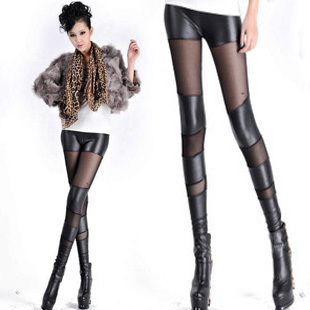 2013 spring and summer new arrival sexy faux leather patchwork gauze slim legging the trend leather pants female free shipping