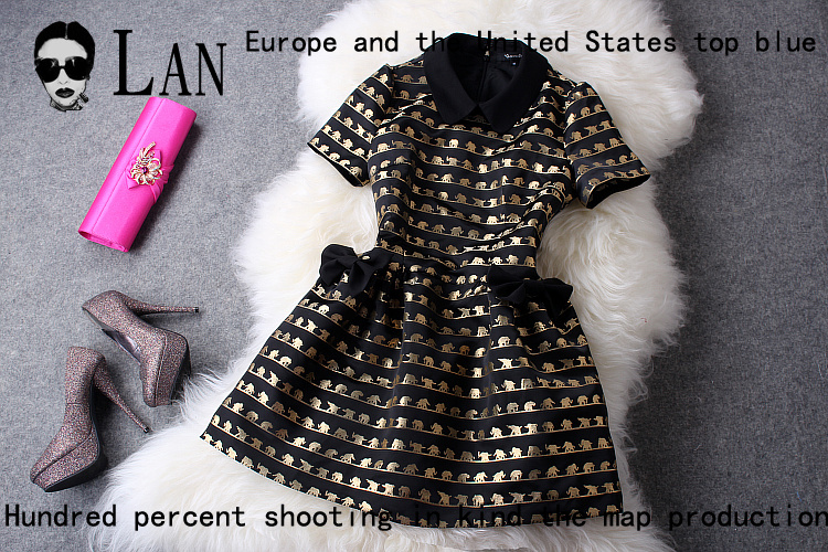 2013 Spring and summer new European and American palace retro Heavy Embroidery Slim Dress(gold, blue)