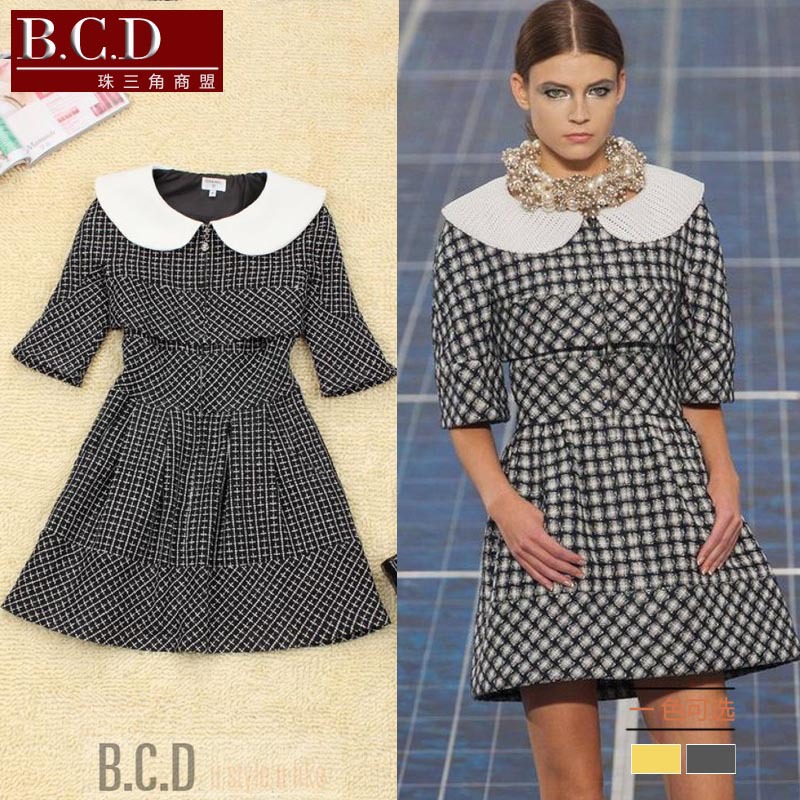 2013 spring and summer one-piece dress half sleeve outerwear set plaid woolen twinset dress vintage princess