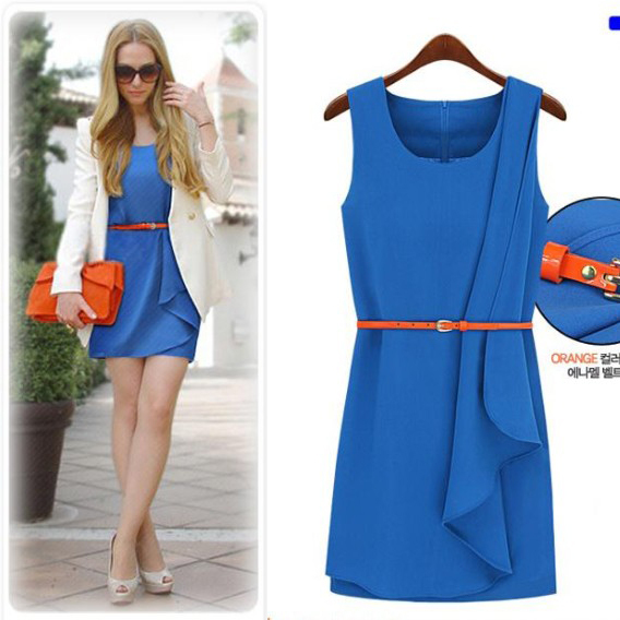 2013 spring and summer Placketing tank dress fashion women's star elegant irregular sweep blue  dress with belt