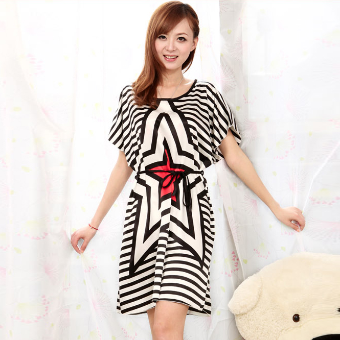 2013 spring and summer red plus size stripe lounge short-sleeve faux silk female nightgown