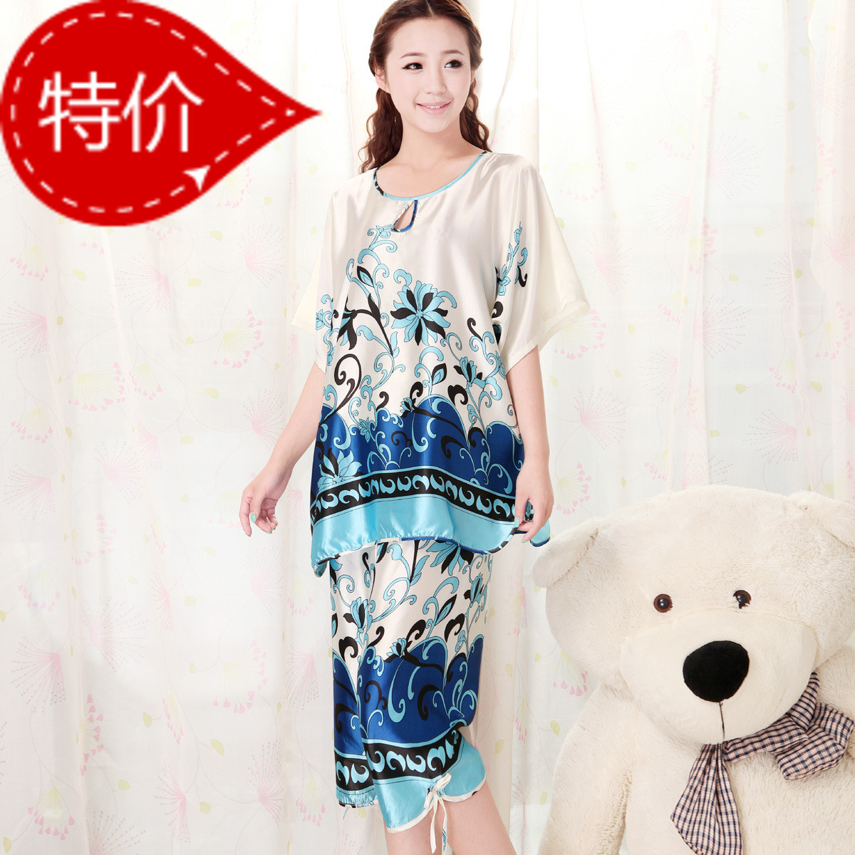 2013 spring and summer sexy short-sleeve fashion silk sleep set plus size women's lounge twinset