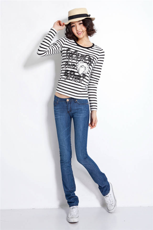 2013 spring and summer slim dark color denim trousers thin small straight pants 3015