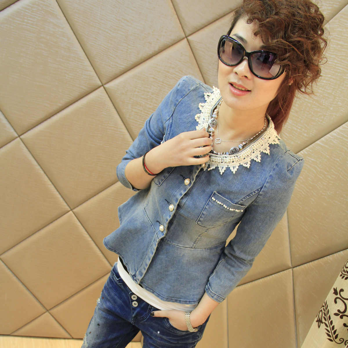 2013 spring and summer women's fashion beads lace patchwork denim coat short jacket female