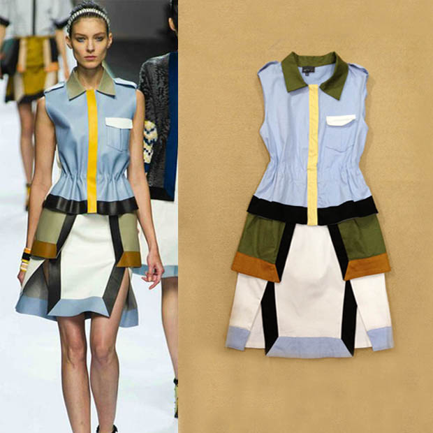 2013 spring and summer women's fashion handsome turn-down collar color block decoration placketing sleeveless one-piece dress