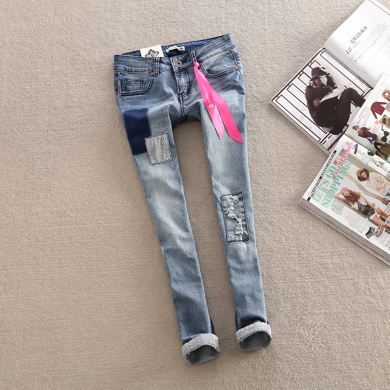 2013 spring and summer women's fashion nostalgic hole patch stripe trousers small roll up hem denim skinny pants