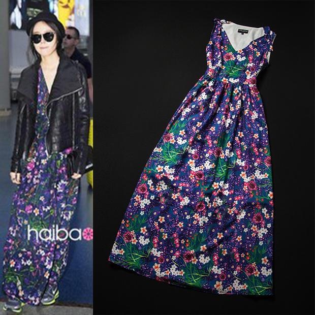 2013 spring and summer women's fashion V-neck lacing print full dress one-piece long dress,bohemian style