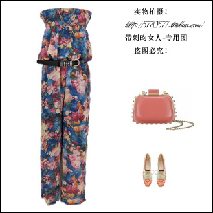 2013 spring and summer women's fashion vintage flower graphic patterns mulberry silk chiffon tube top wide leg pants jumpsuit