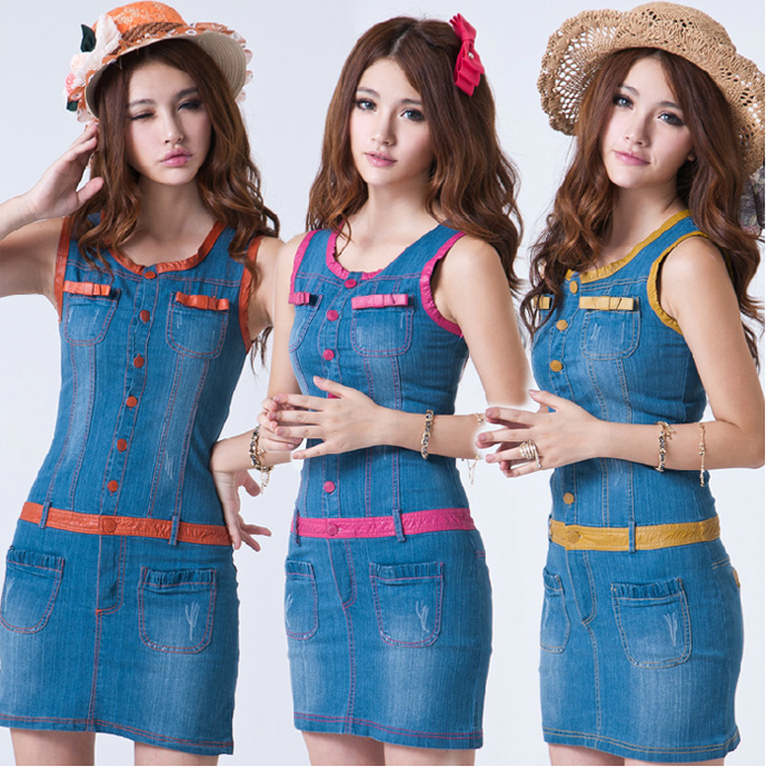 2013 spring and summer women's leather bordered water wash elastic denim skirt sleeveless tank dress one-piece dress slim