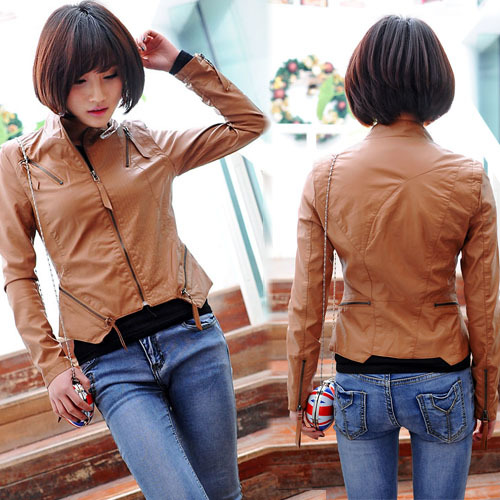 2013 spring and summer women's long-sleeve stand collar zipper small full lace fashion leather clothing 75399