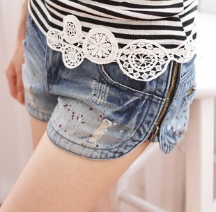 2013 Spring and Summer Women's Low Waist  Jean Shorts two zipper Both Side Arc Hem Shorts Holes Denim,D17+Free Shipping