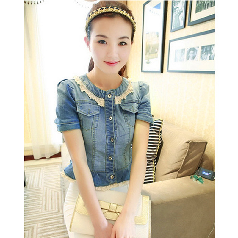 2013 spring and summer women's o-neck lace decoration pearl button elastic short-sleeve all-match denim short jacket female