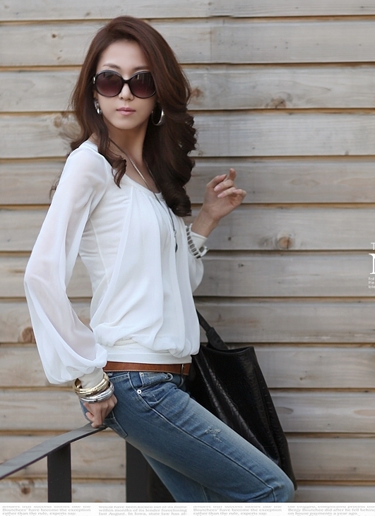 2013 spring and summer women's puff sleeve faux two piece chiffon cotton long-sleeve chiffon shirt