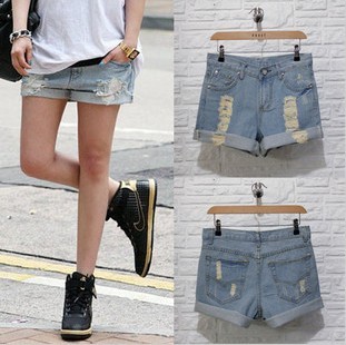 2013 spring and summer women's summer loose slim denim shorts hole shorts female