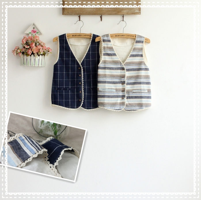 2013 spring and summer women's top fresh fluid stripe plaid vest cardigan