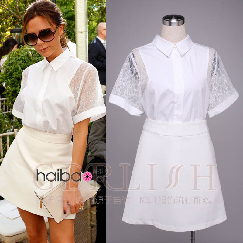 2013 spring and summer women's victoria lace patchwork shirt white short skirt set