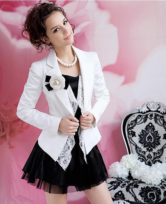 2013 spring autumn elegant white lace decoration slim women's blazer jackets puff long sleeved ol jacket wirh free corsage