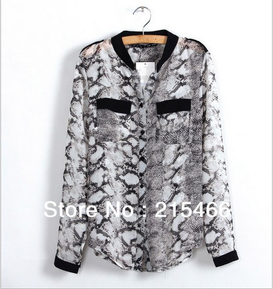 2013 Spring Autumn New Arrival Women's Snakeskin Print Chiffon Stand Collar Blouse with Pockets Long Sleeve Casual Free Shipping