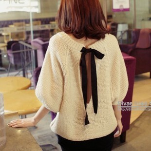 2013 spring back lacing loose sweater lantern sleeve strapless small sweater  womens  open back beige colour knitted wear