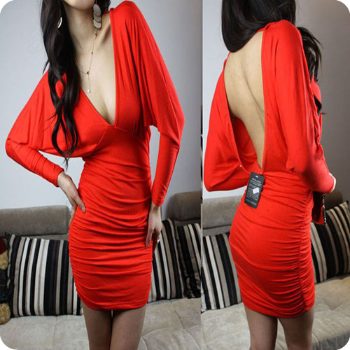 2013 spring batwing sleeve sexy slim one-piece dress V-neck low-cut racerback slim hip miniskirt